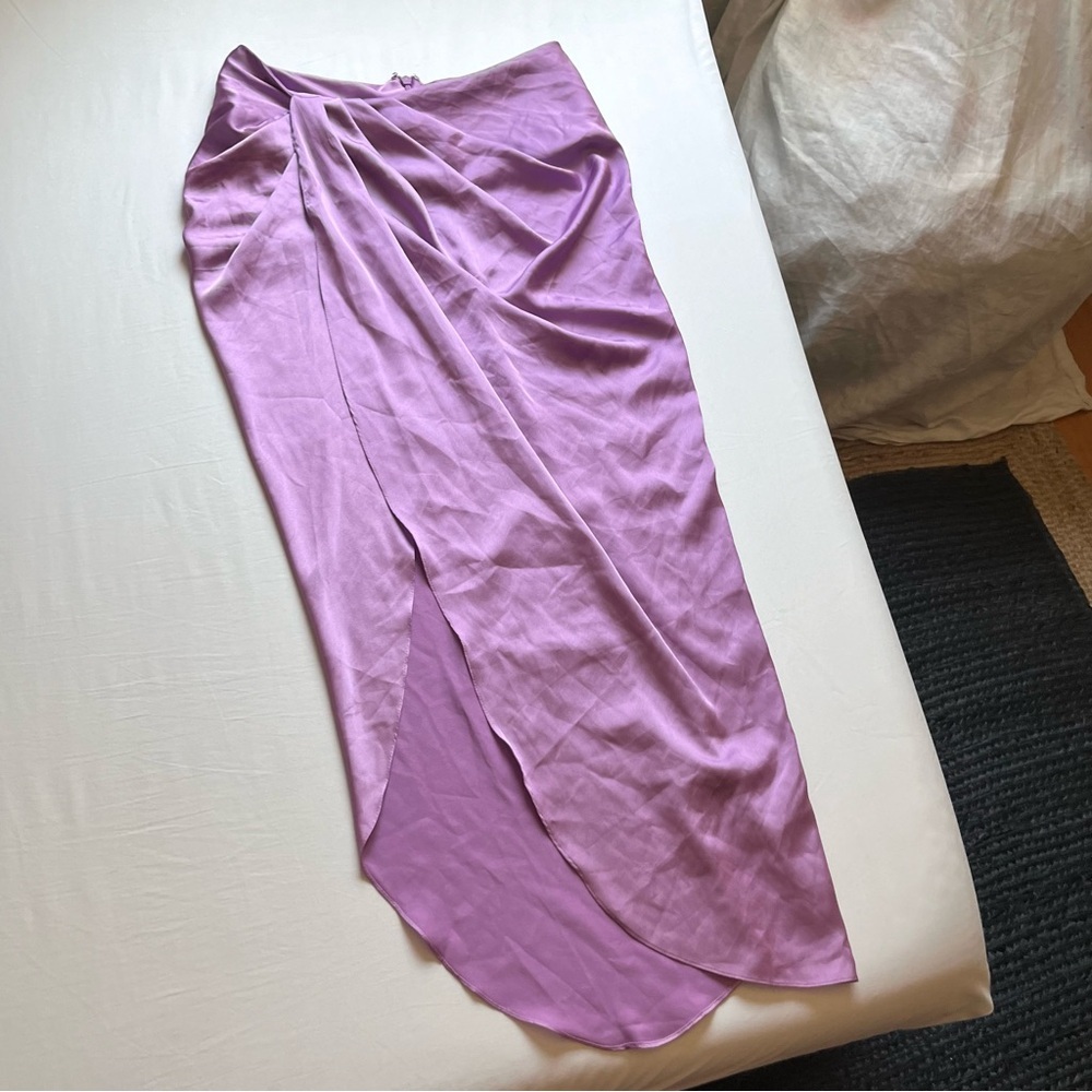 HOUSE OF CB lilac lavender purple satin elastic waist draped midi skirt